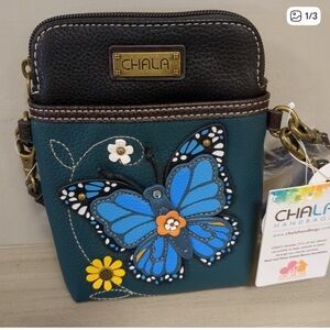 Chala Olive Mini Crossbody Wallet with Orange & Yellow Butterfly Applique